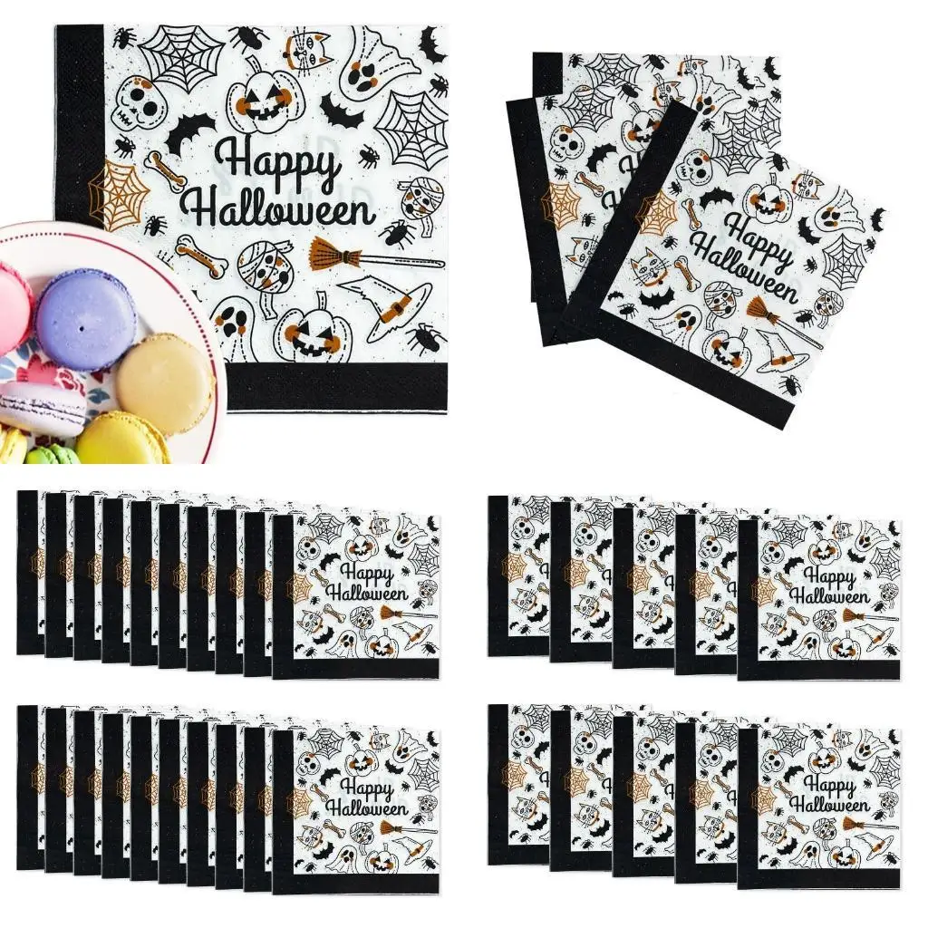 

E8BD 20Pcs/12Pcs Halloween Decoupage Paper Napkins Pumpkin Skull Bat Paper Tissues