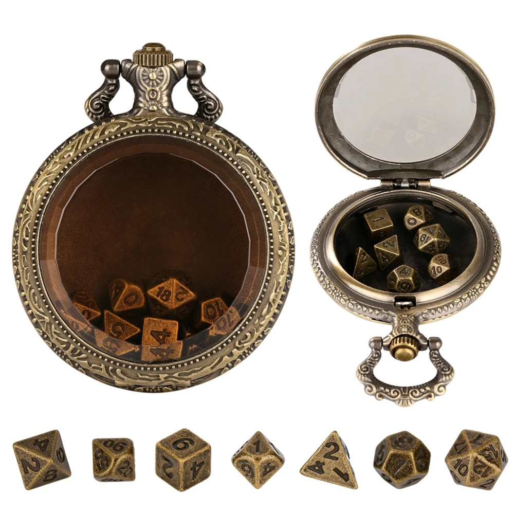 7pcs Metal Polyhedral Table Dice Inside Tawny Dark Brown Glass Pocket Watch Case with Waist Hook Fobs and Chains Accessory