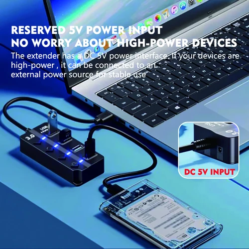 Imagen 2 del producto JUMPEAK 4 puertos 7 puertos USB Hub USB3.0 expansor estación de acoplamiento divisor con adaptador de corriente con interruptor para ordenador portátil PC multidispositivo