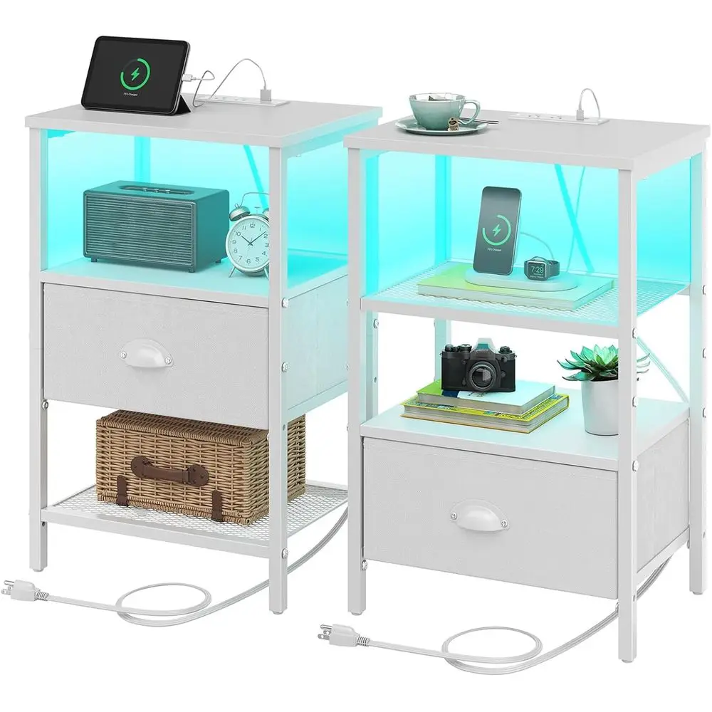 

LED Nightstands Set of 2 with Charging Station, Fabric Drawer, Storage, 3-Tier Side Table, White