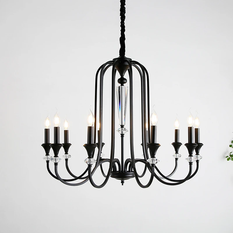 

Vintage Crystal Chandelier Black Wrought Iron Candle Lamp American Country Living Room Bedroom Kitchen Island Lighting Fixture