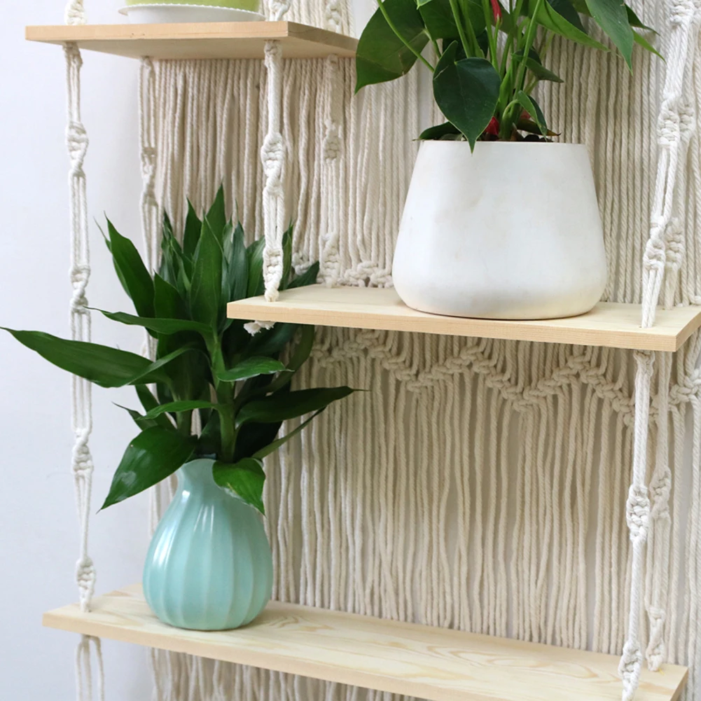 3 Tier Macrame Wall Hanging Shelf Decorative Bohemian Floating Plants Room Storage Shelving Macrame Rope For Home Storage