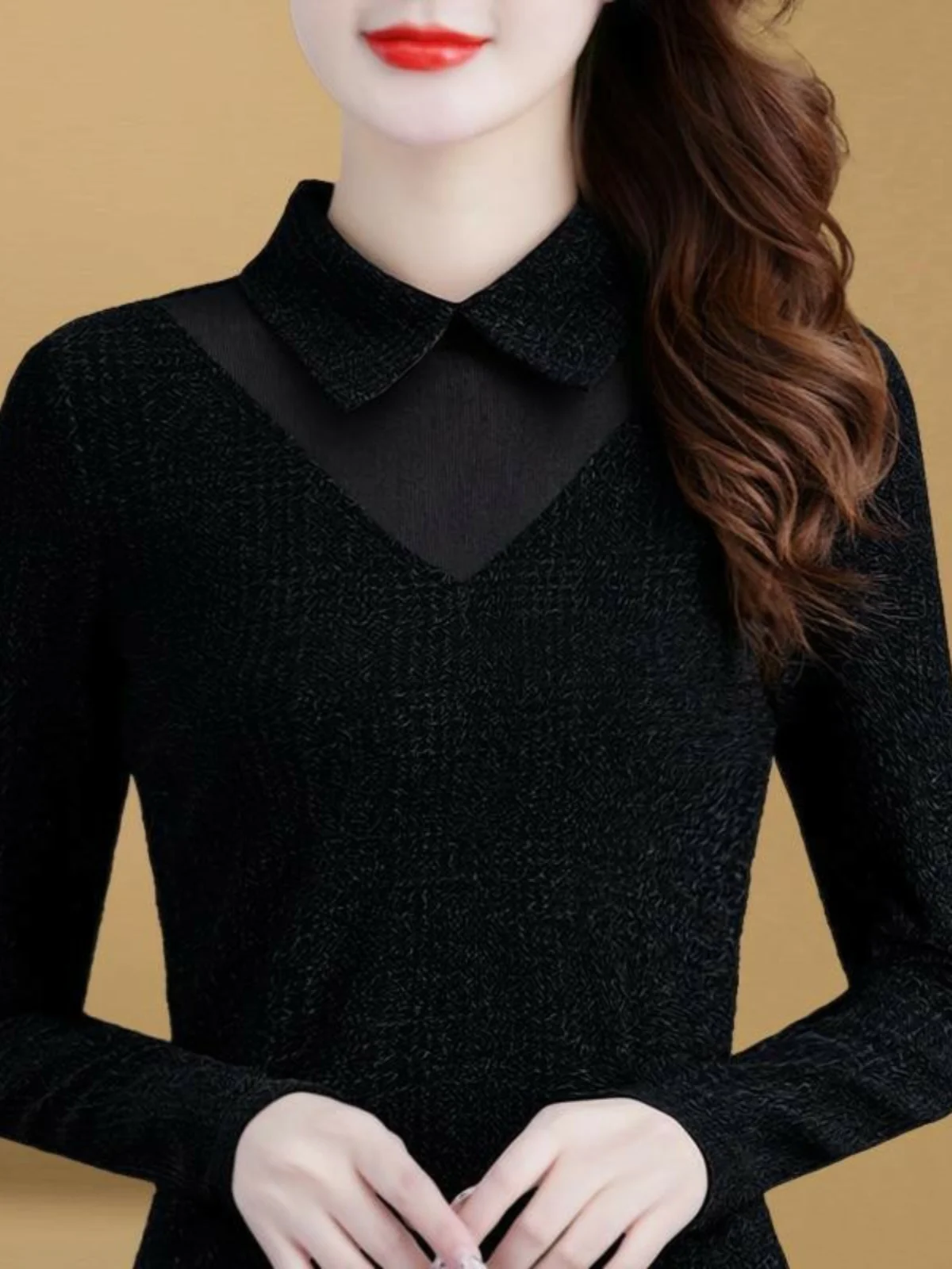 chemisier-noir-a-col-peter-pan-pour-femme-sous-vetement-en-maille-amincissant-polyvalent-avec-poche-et-pochette-integree-pour-l'automne-et-l'hiver