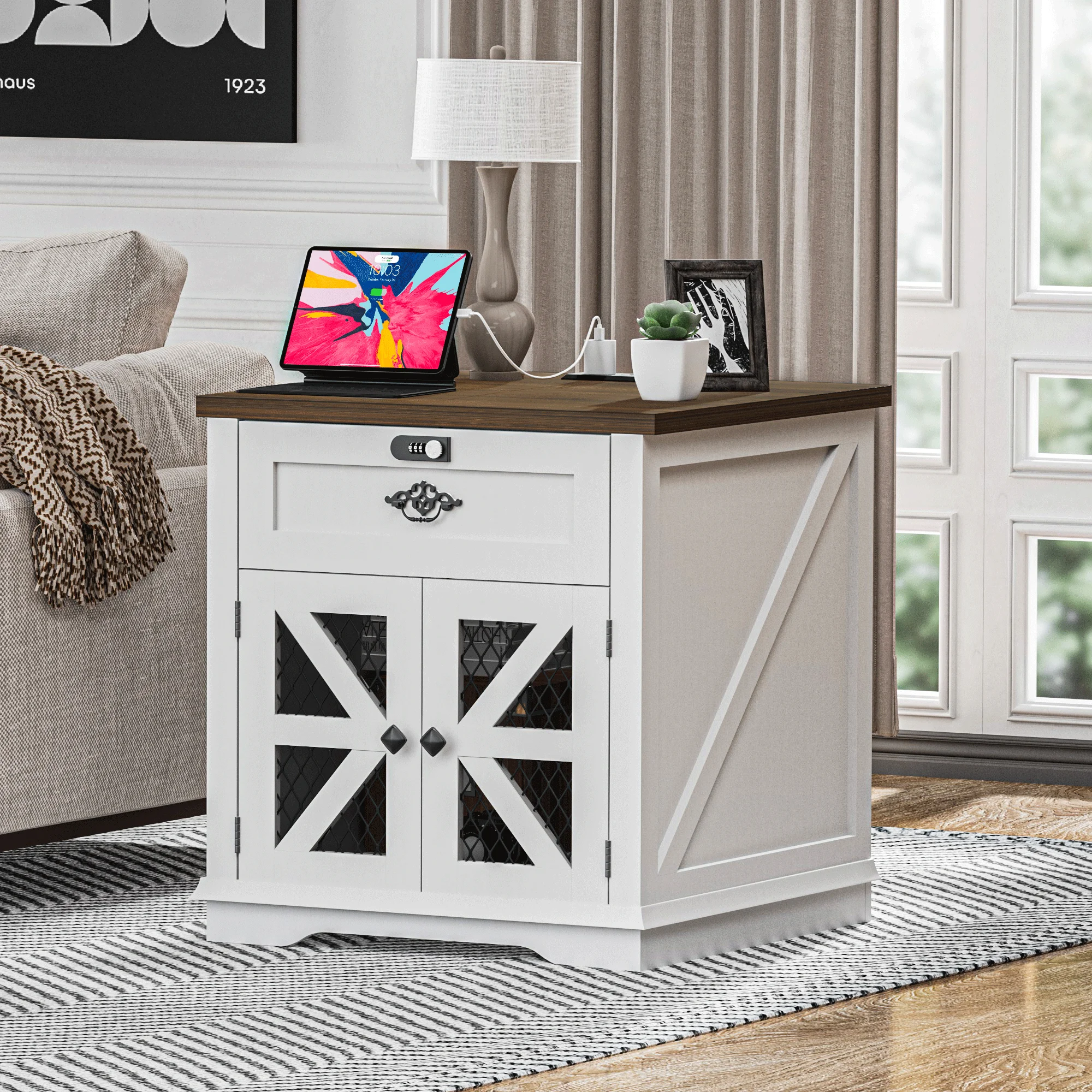 

24" End Table with Charging Station, Nightstand Sofa Side Table with Combination Lock Drawer and Wire Mesh Barn Door