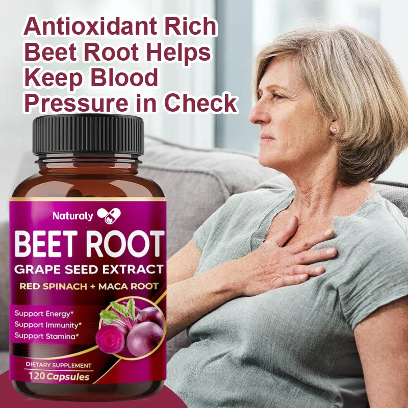 9600mg beetroot x12 potency, containing grape seed extract, maca root, red spinach, South African drunk eggplant - a heart suppo