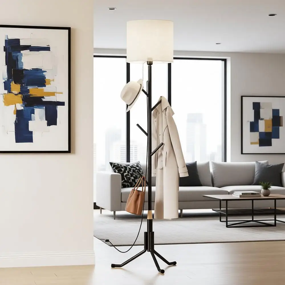 

Metal Coat Tree with Floor Light, 5-Hook Tall Stand for Entryway, Bedroom, and Small Spaces