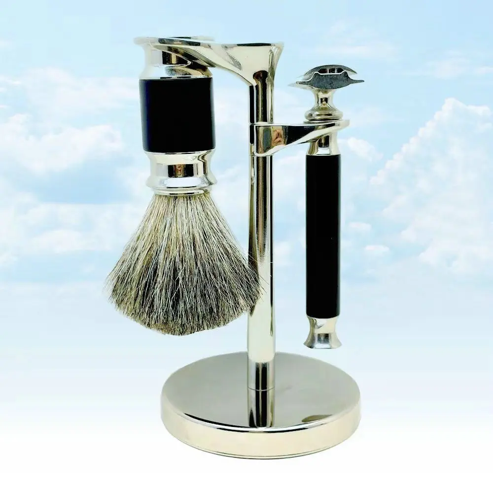 Deluxe Shaving Set - Badger Hair Shaving Brush, Safety Razor, and Metal Stand for a Luxurious Shave