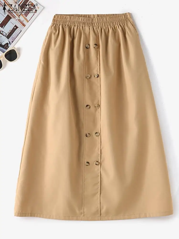 ZANZEA Fashion Pleated Jupes Women Umbrella Midi Skirts 2024 Summer Elastic Waist Long Skirt Holiday Casual Loose Buttons Faldas