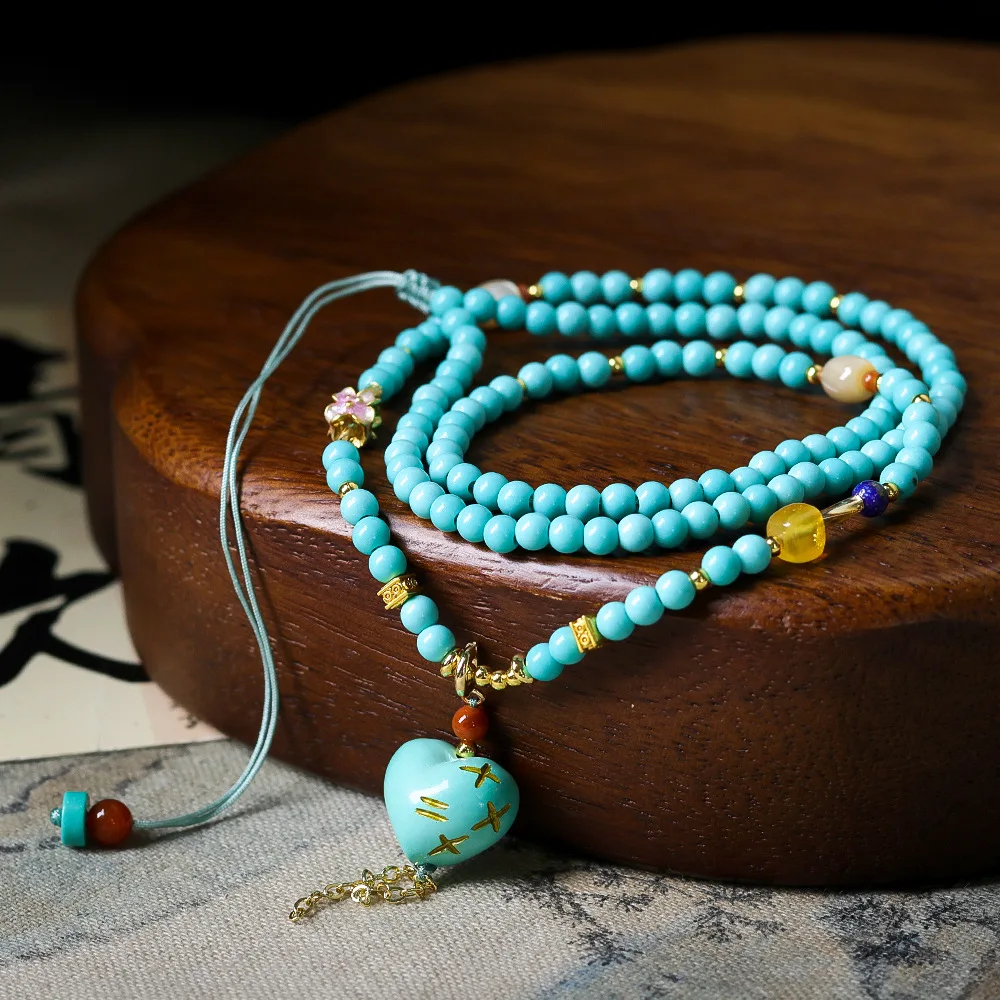 

Original design magnesite turquoise love new Chinese necklace cultural toys beeswax national style jumper chain string