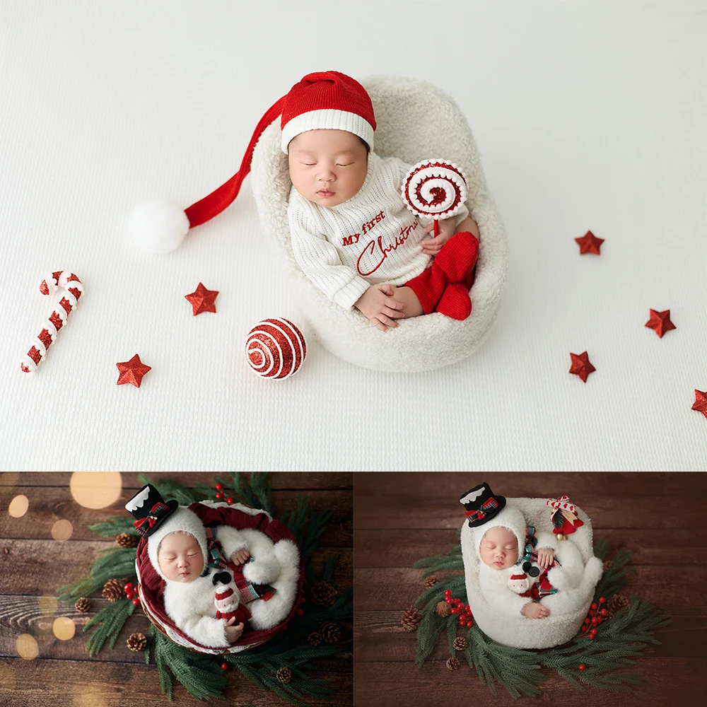 عيد الميلاد الطفل صور الدعائم جمع سانتا قبعة رقيق الأبيض ثلج نمط زي عيد الميلاد ديكور للطفل التصوير استوديو الدعائم