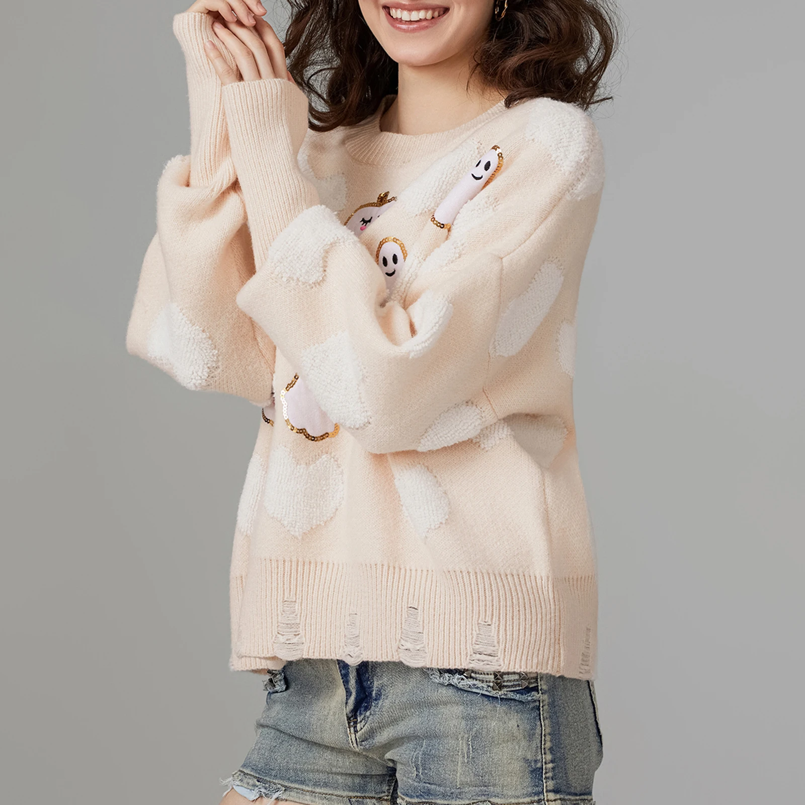 

Women's Autumn Halloween Sequins Sweater Cute Fuzzy Ghost Pumpkin Pattern Long Sleeve Round Neck Loose Knitwear