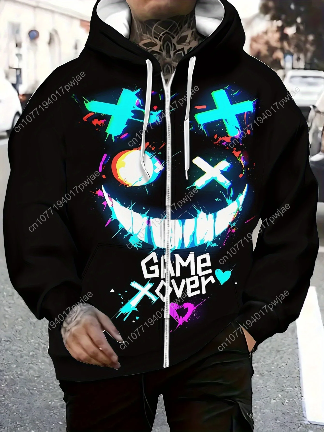 [Hoodie gráfico preto macio] Moletom masculino com zíper preto macio e durável com gráfico Vibrante Game Xover |   Ajuste confortável, Desi elegante