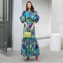 Elegant Blue Flower Print Lantern Sleeve and Ankle Fishtail Dress 2023 Summer Slim Bodycon O-neck Pastoral Style Party Dress