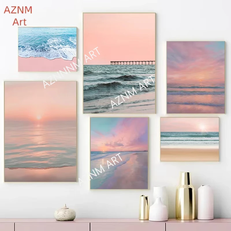 Beach Sunset Pink Blue Posters and Prints Canvas Printing Modern Aesthetics Wall Art Picture for Living Room Home Decor Gifts