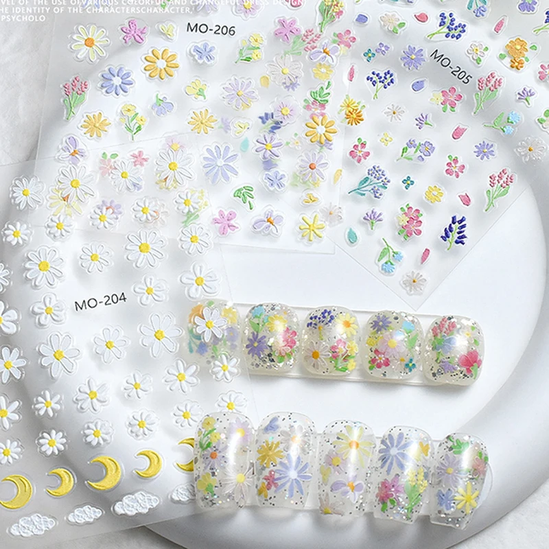 5d en relieve primavera Little Bossom florales Margarita blanca flores Nail Art calcomanías pegatinas para uñas arte manicura puntas decoraciones