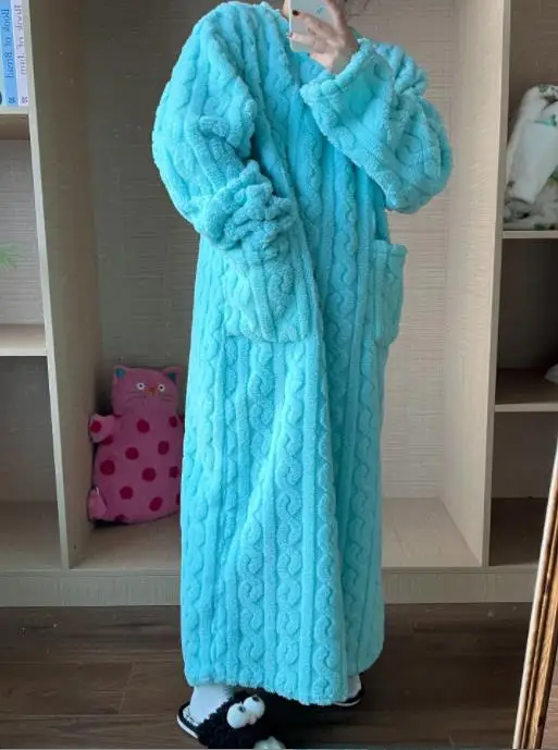 Extre Long Bathrobe Woman Shower Dress Autumn Winter Thickened Coral Velvet Jacquard Sleepwear Solid Warm Bath Robe Nightgown