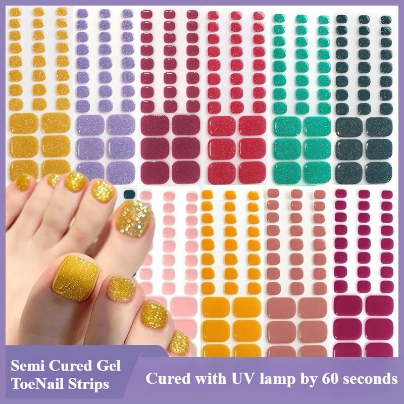 New 30Tips Semi-curable Gel Summer Solid Color Foot Sticker Manicure Sticker Toe Nail Sticker Flash Nail Decoration