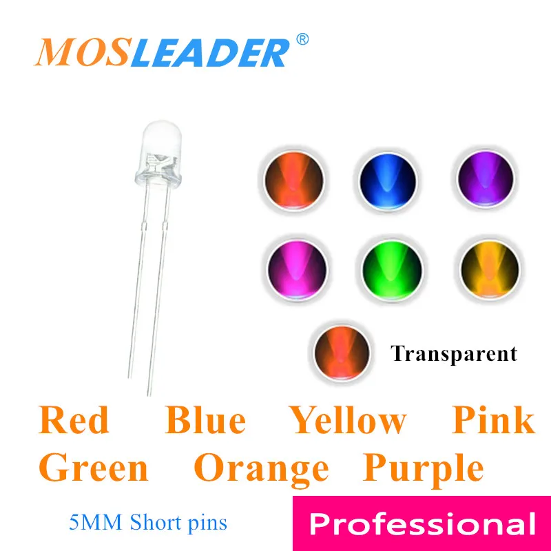 Mosleader DIP LED 5 مللي متر F5 1000 قطعة أحمر أزرق أصفر أخضر برتقالي كهرمان أرجواني وردي دبابيس قصيرة LED رأس مستدير شفاف صيني