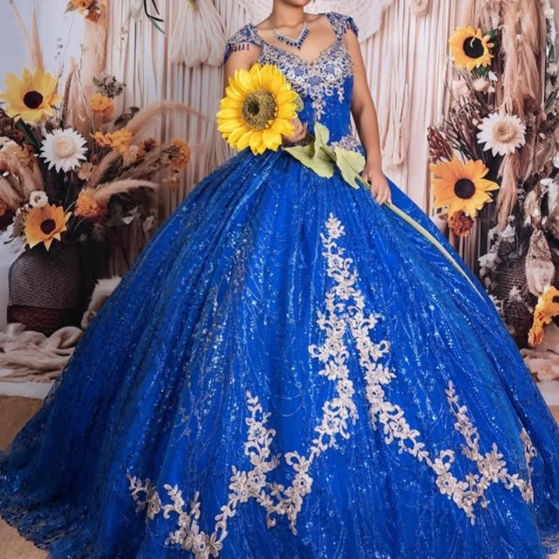 

Блестящие синие платья Quinceanera по индивидуальному заказу с открытыми плечами и аппликацией из блесток и кристаллами с длинным хвостом Vestido 15, Quinceanera