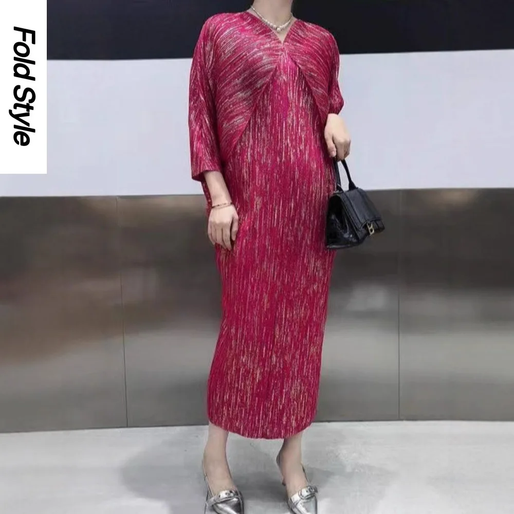 

Плиссированное платье Miyake, женская средняя и длинная новая женская одежда, тонкая высококачественная бронзовая средняя и длинная юбка, лето 2023 г.