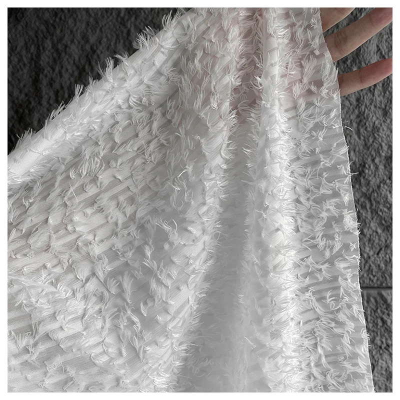 White Tassels Fringe Feather Jacquard Fabric for Dress Coat Bag Clothing Designer Fabric Sewing Material 57 Inches Width M88C3