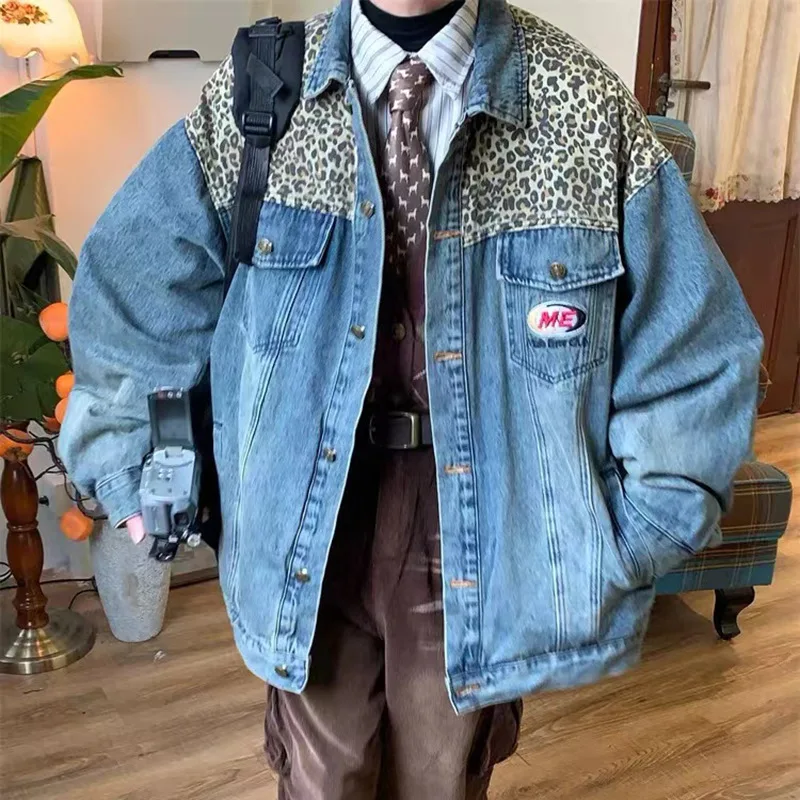 

Leopard Print Patchwork Mans Denim Jacket, Japanese Harajuku Baggy Man Jean Jackets, Vintage Oversized Jeans Coat For Man