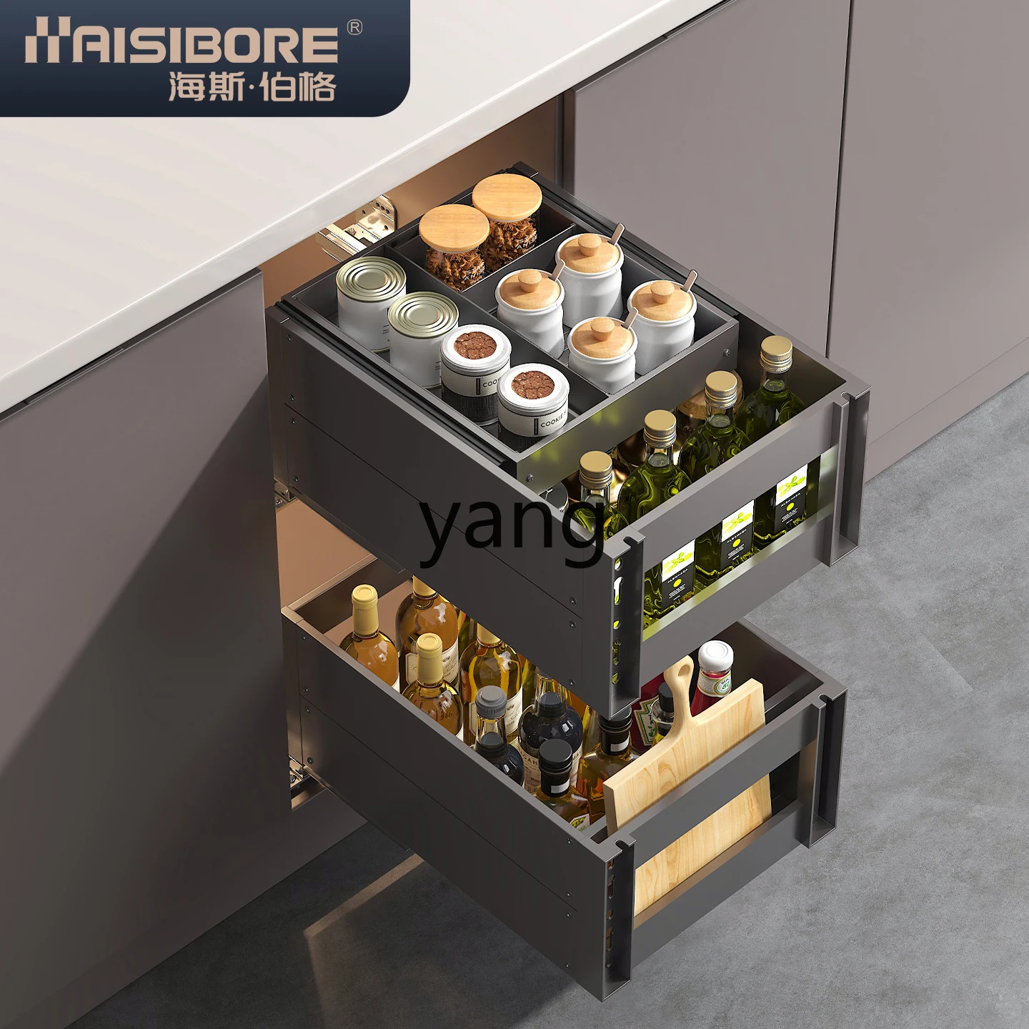 LMM double-layer multi-functional seasoning basket drawer type door opening small cabinet storage pumping damping rail