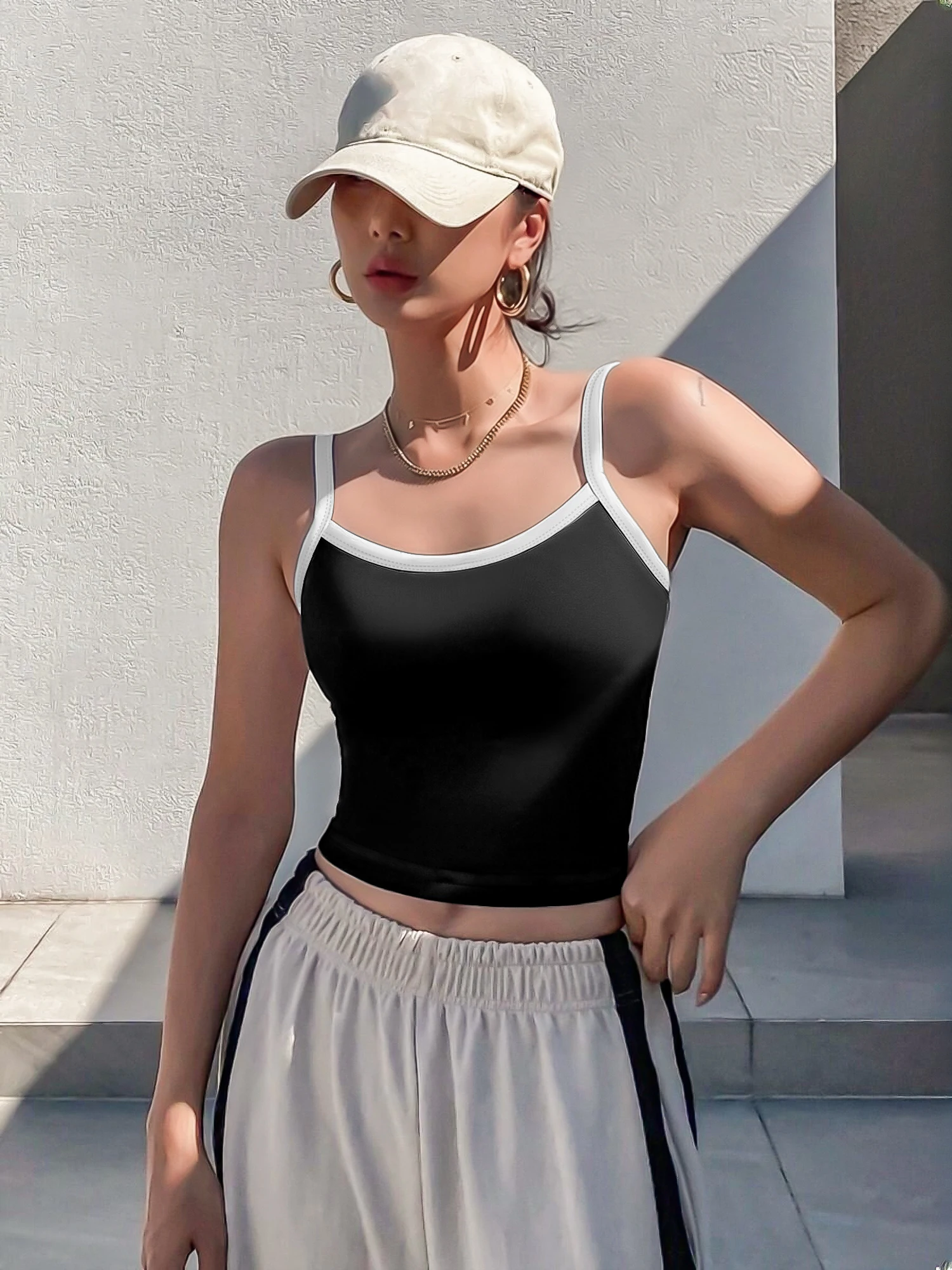Y2K Coquette Dopamine Contrast Binding Crop Cami Top Ladies Bodycon Sleeveless U‑Neck Tank Vest Street Fashion