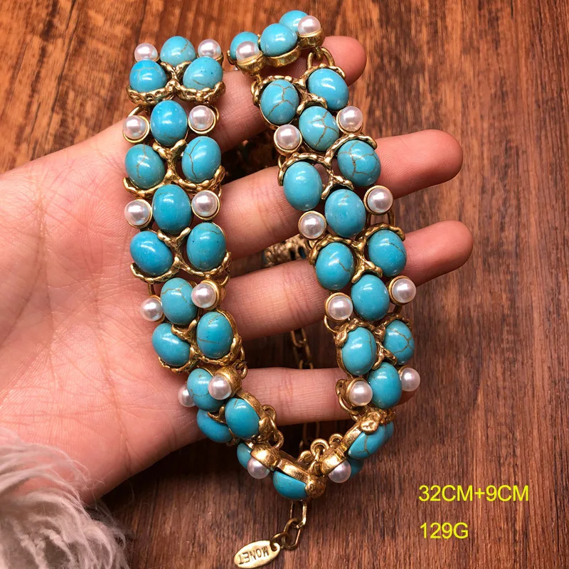 Medieval  retro design heavy industry turquoise pearl inlaid short necklace old gold versatile necklace