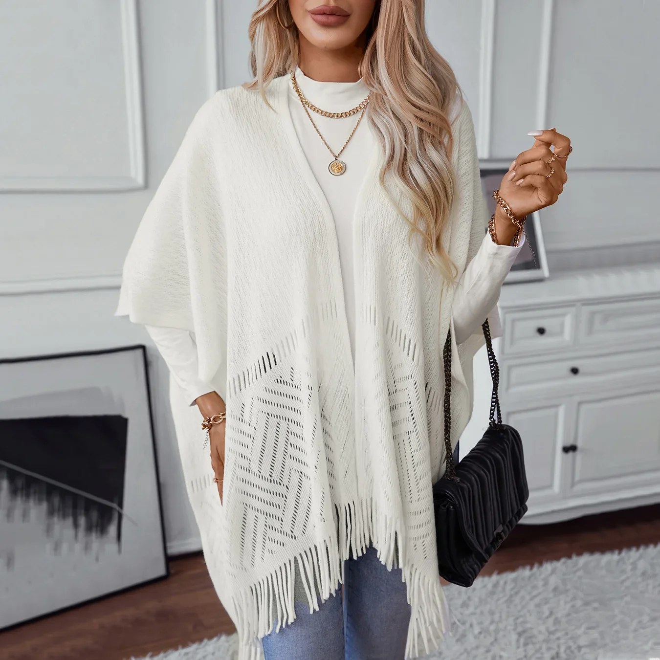 Knitted Sexy Hollow Out Ponchos Women Open Stitch Tassel Spliced Capes Solid Batwing Sleeve Jackets Basics Outerwear Loose