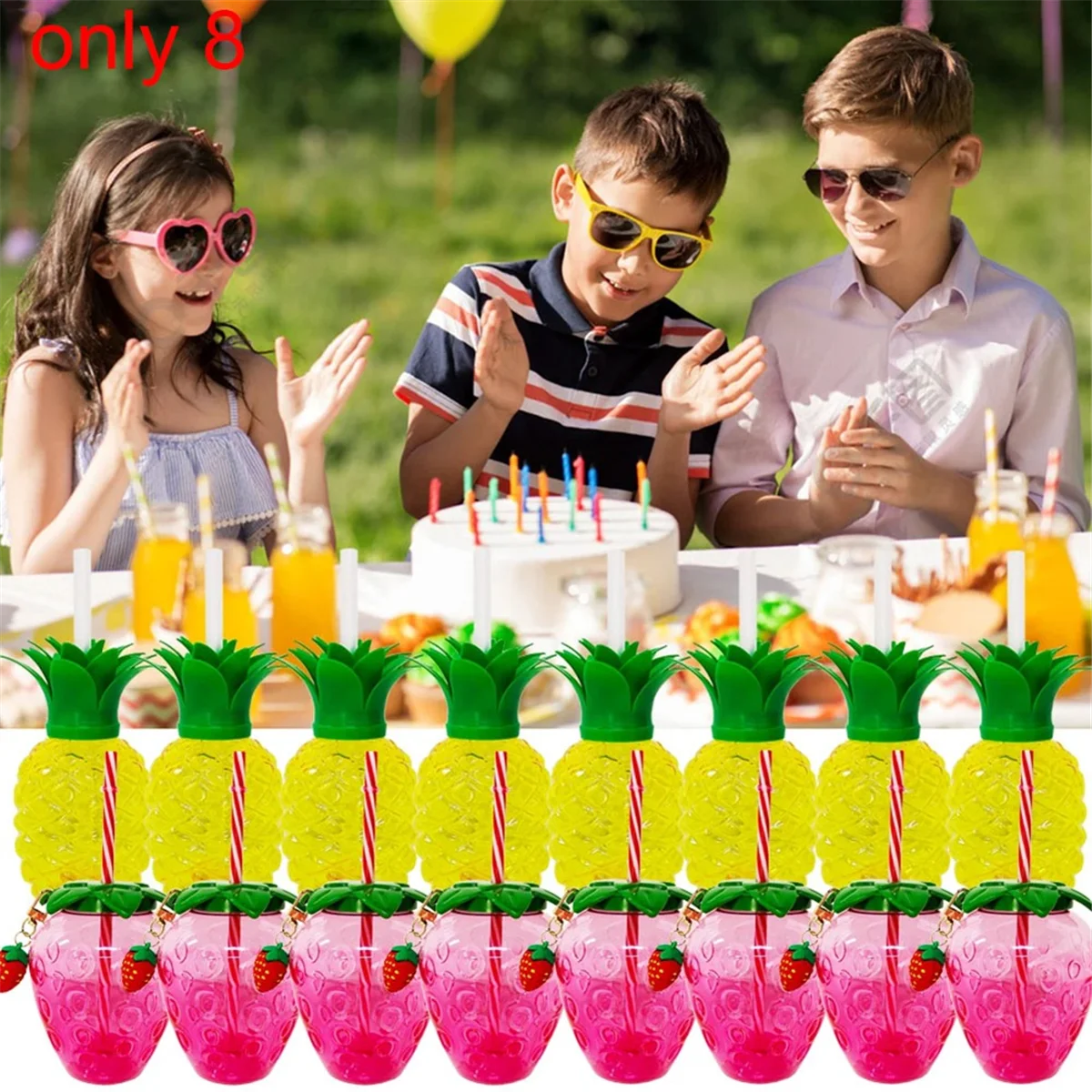 8PCS Pineapple Cups Straw Strawberry Cup with Pendant Party Decoration Luau Tropical Summer Beach Drinking Cup