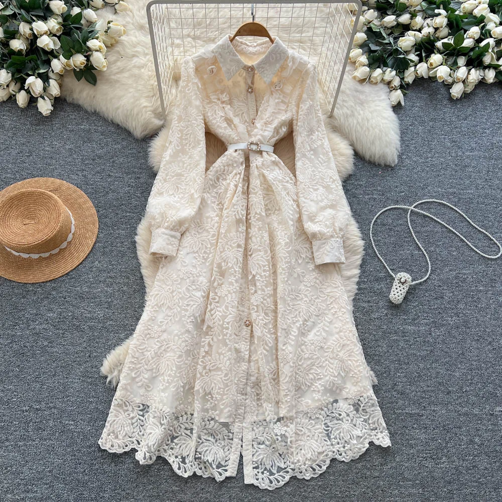 

Lace Dresses Women Dress Embroidered Lace Up Turn Down Collar Long Sleeve Single Breasted Cinched Empire Waist Loose 2025 Autumn