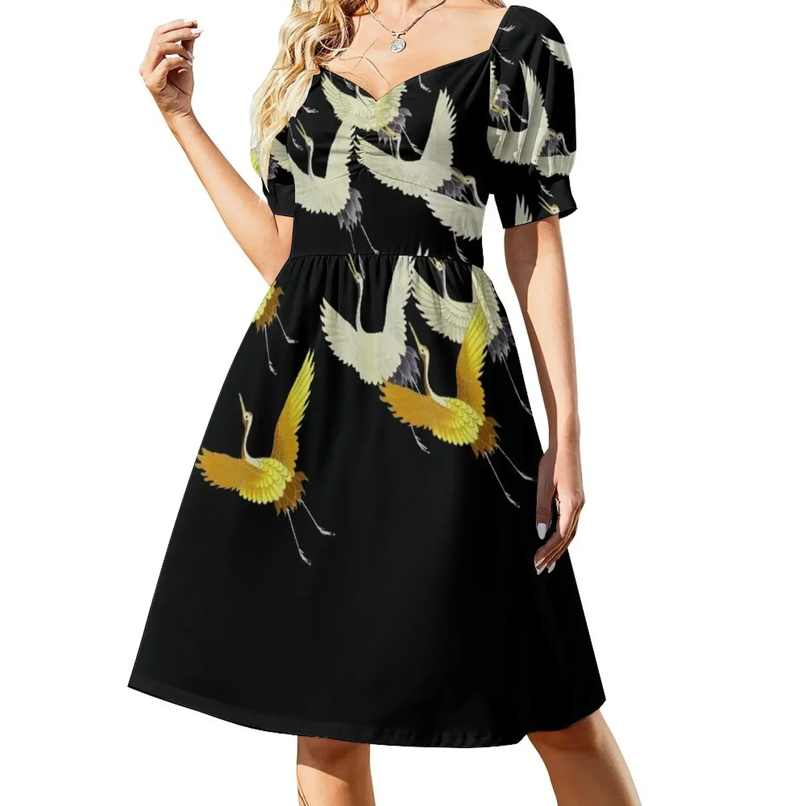 

GOLD YELLOW WHITE FLYING CRANES IN BLACK Japanese Pattern Sleeveless Dress women dress summer clothes Dress