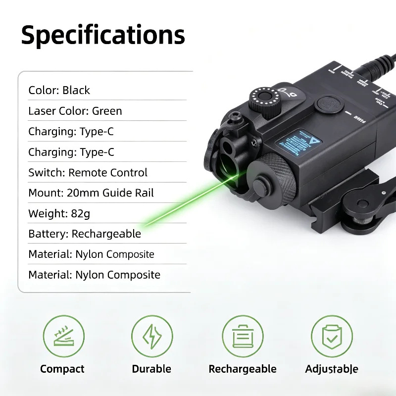 Calibratable Green Beam Laser Unit with External Remote Switch Type-C Rechargeable Hobby Mod Parts Compatible with Guide Rail