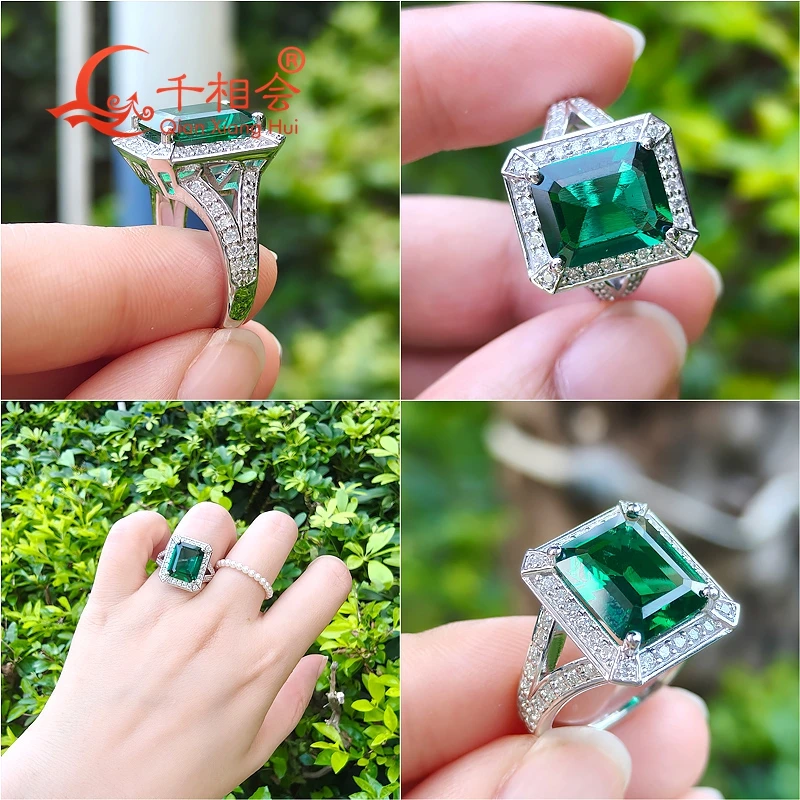 S925 Silver Green Color Emerald Ring 9x11MM Created Hydrothermal Muzo Emerald with Melee Moissanite for Wedding Jewelry - view 4