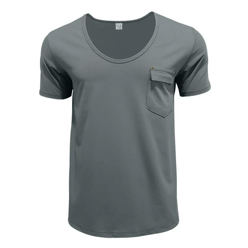 2025 Summer Men's U-Neck Solid T-Shirt Breathable Loose Fit Short Sleeve Casual Comfort Tops