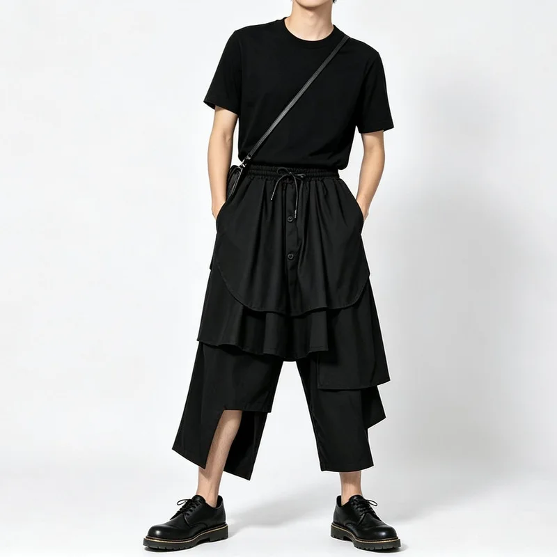 Men'S Casual Pants, Layered Design, Drawstring, Loose Fit, High Waist, Faux Two-Piece Style, Cropped Length, Dark, Stylish 24063