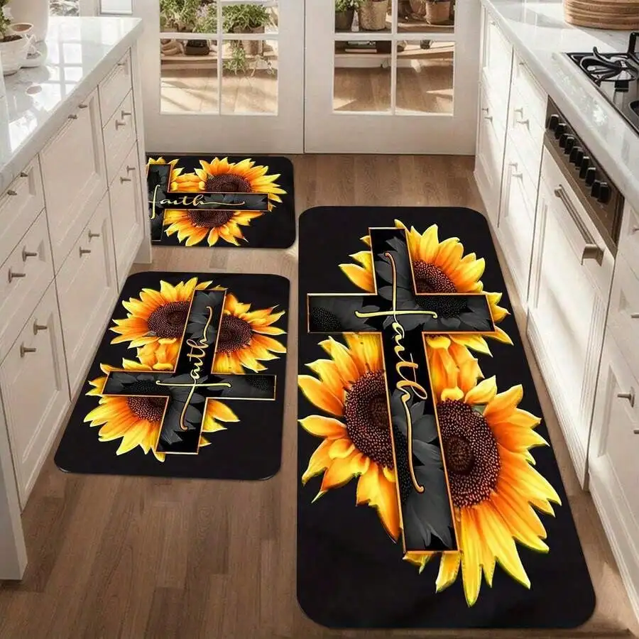 Sunflower Cross Door Mat - Religious Christian Non-Slip Floor Rug, Golden Floral Entry Mat for Home Decor, Multiple Sizes