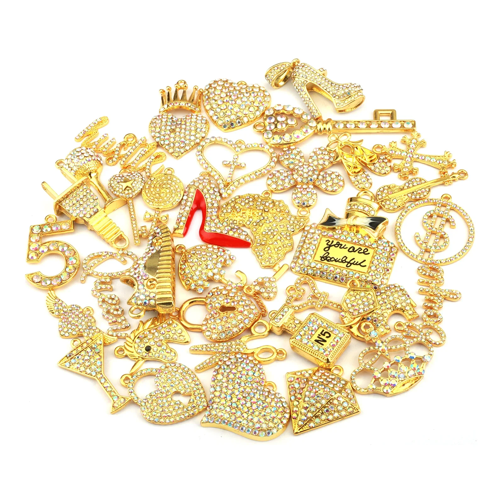 

35pcs Colorful Rhinestone Gold Plated Mixed Girl Charms Picked at Random Fit for Women's DIY Jewelry Accessories