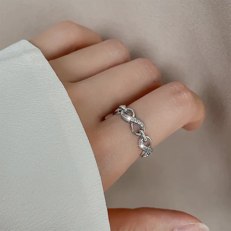 CIAXY Silver Color 8-character Chain Rings for Women Zircon Infinite Love Symbol Opening Transfer Ring Korean  Jewelry
