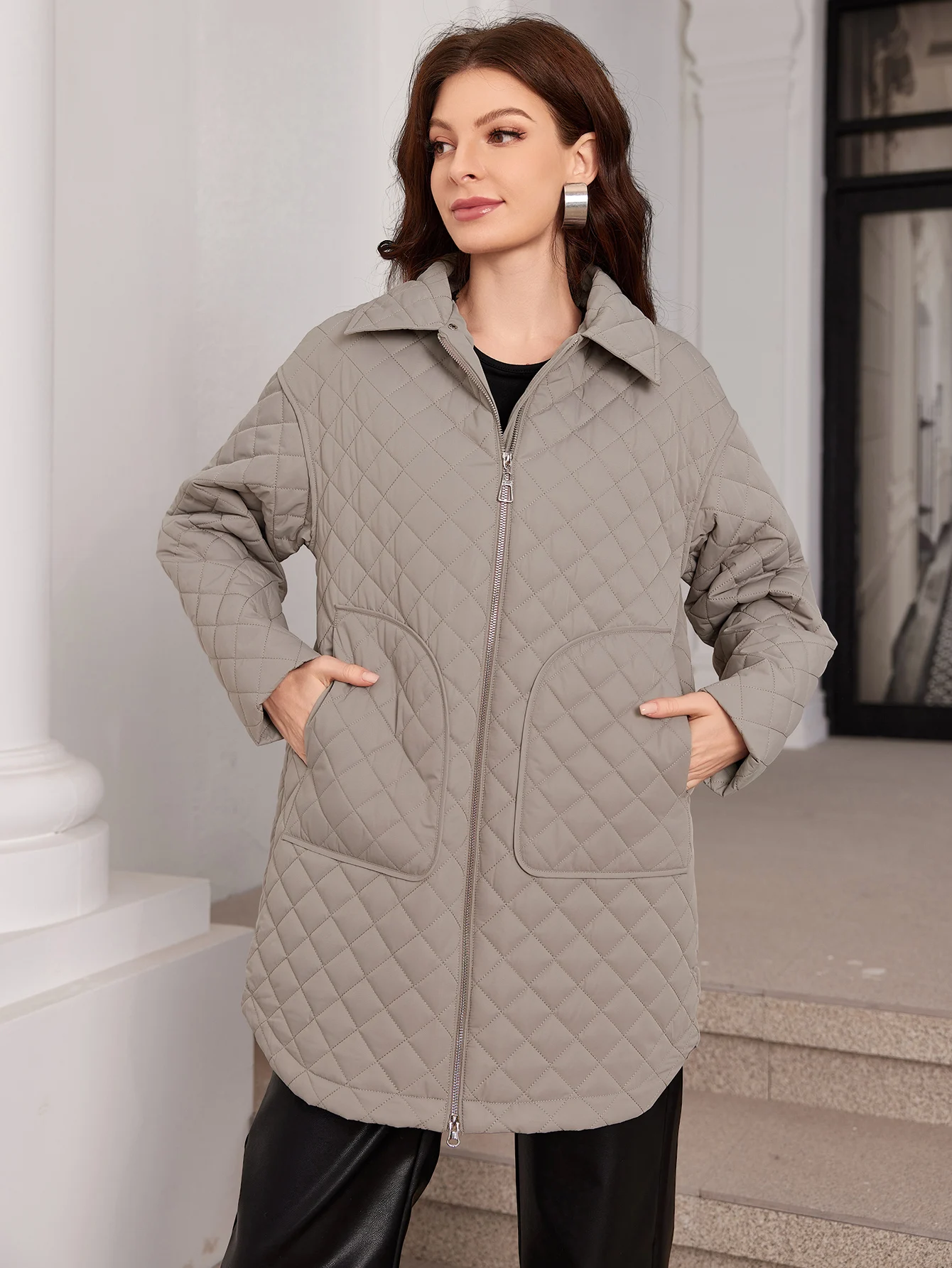 Cinemore-Chaqueta de plumón de longitud media para mujer, Parkas clásicas con cremallera, diseño de Bolsillo grande, cuello alto, abrigos delgados con capucha, 80363