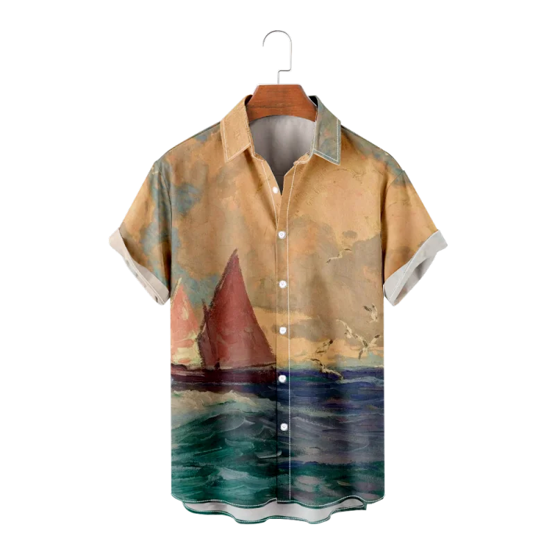 

High quality stretch elastic vacation casual men shirt button down collar beach hawaiian t-shirt