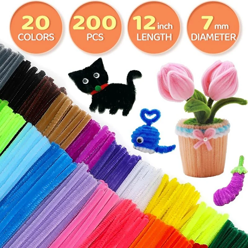 Limpiadores de tuberías de BEAU-200Pcs, suministros para manualidades, tallos de chenilla Multicolor para bricolaje (12 pulgadas x 6mm,20 colores)