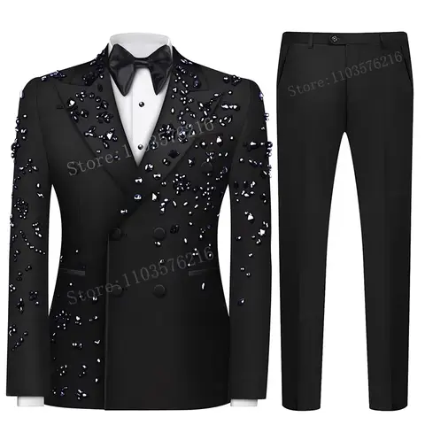 Customized Slim Fit Mens 2 Piece Double Breasted Suit Luxury High Quality Diamond Ornament Tuxedos For Business Wedding Groom