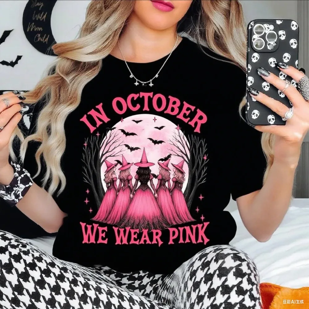 

In October We Wear Pink Shirt Pink Halloween Witch TShirt Cancer Survivor Apparel Breast Cancer Awareness Tee Women Streetwear