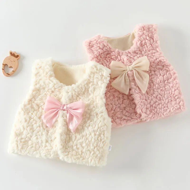 Autumn Sweet Style Baby Vest Bow Fluffy Fleece Coat for Toddler Girls Soft Warm Sleeveless Infant Waistcoat