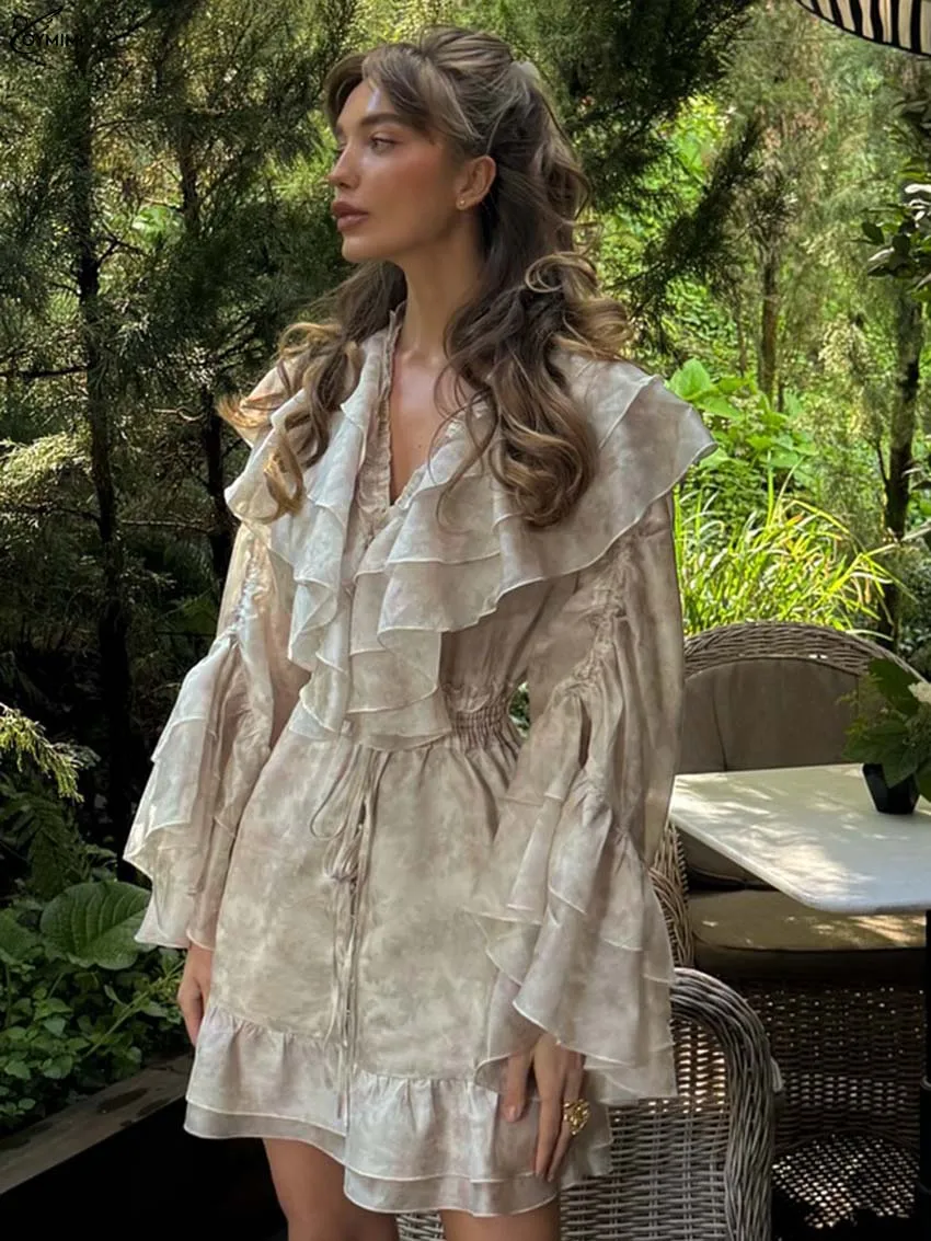 

Oymimi Fashion Brown Print Womens Dresses Elegant V-Neck Ruffled Petal Sleeve Dresses Autumn Lace-Up Pleated Mini Dress Female