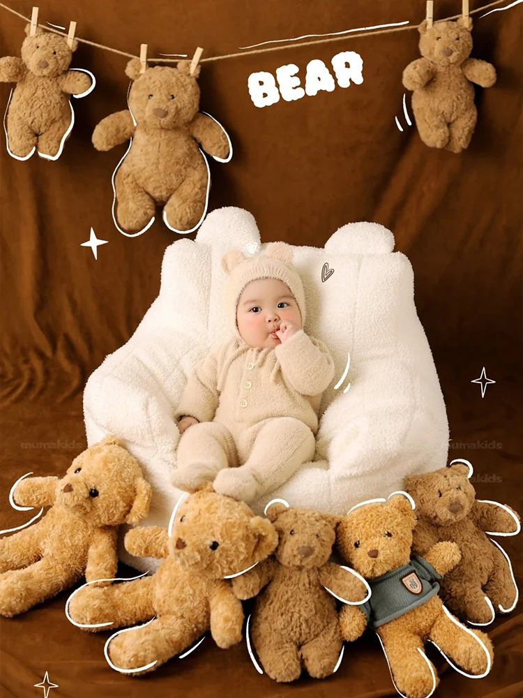 Adorable Bear Photography Outfit Baby Jumpsuit+Hat Teddy Bear Dolls Studio 3-5 Month Infant Bear House Photo Theme Accessories