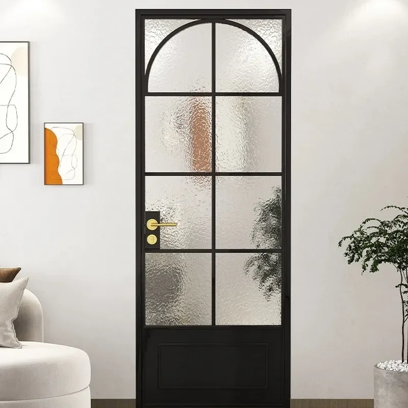 for French Retro Old Iron Door for Bathroom Kitchen Glass Door for Aluminum Alloy Minimalist Arched Door