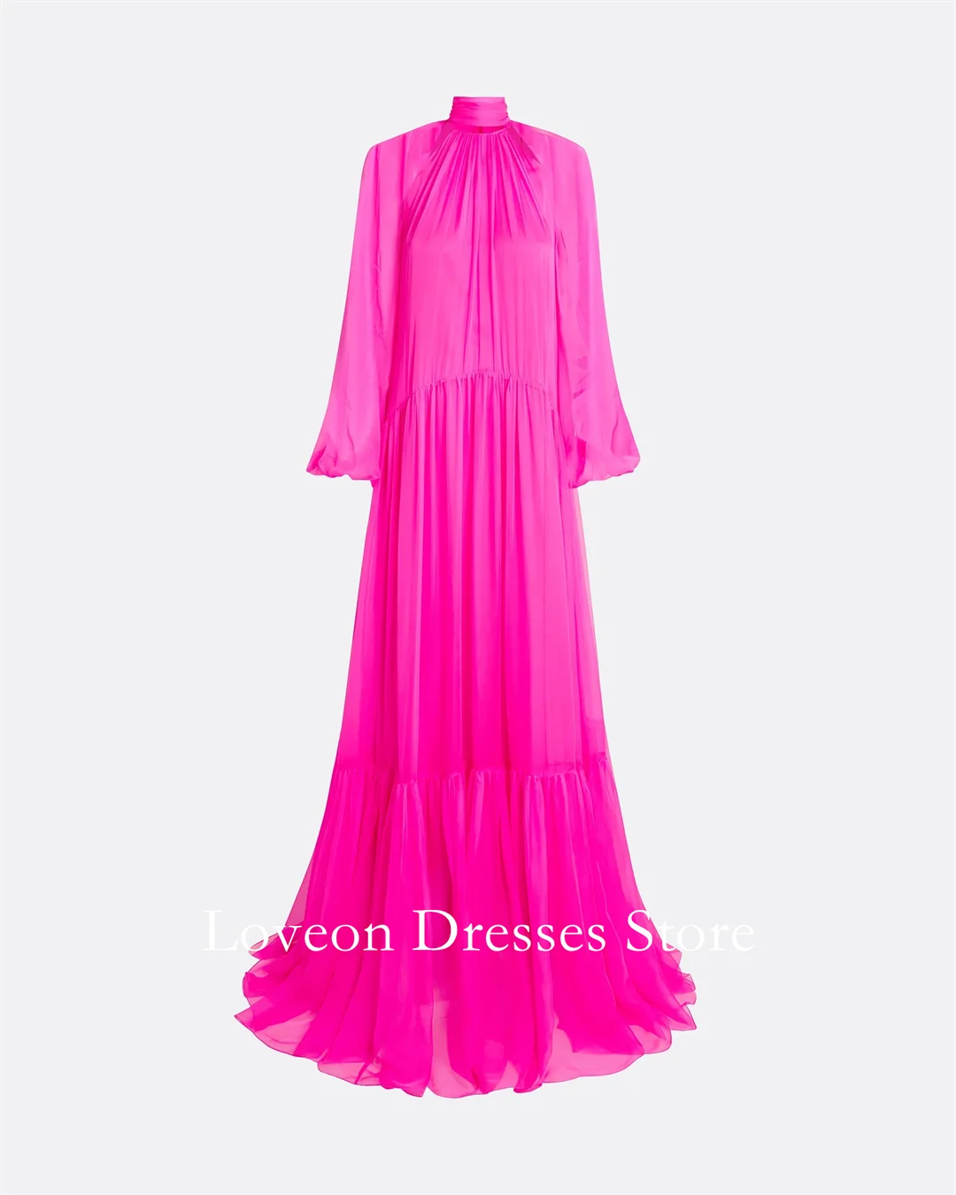 Col haut Rose rouge manches bouffantes robe en mousseline de soie robes de soirée formelles Style arabe personnalisé élégant bal growns fête femmes